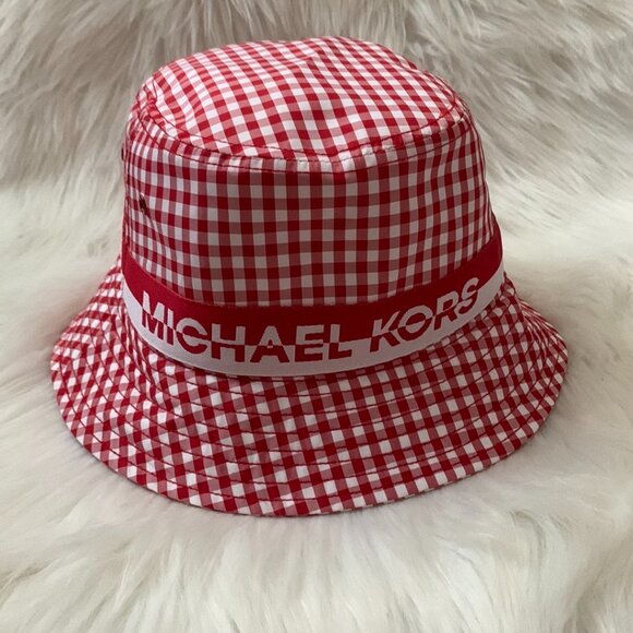 MICHAEL KORS Gingham Nylon Bucket Hat in Crimson Red/White - Picture 1 of 3